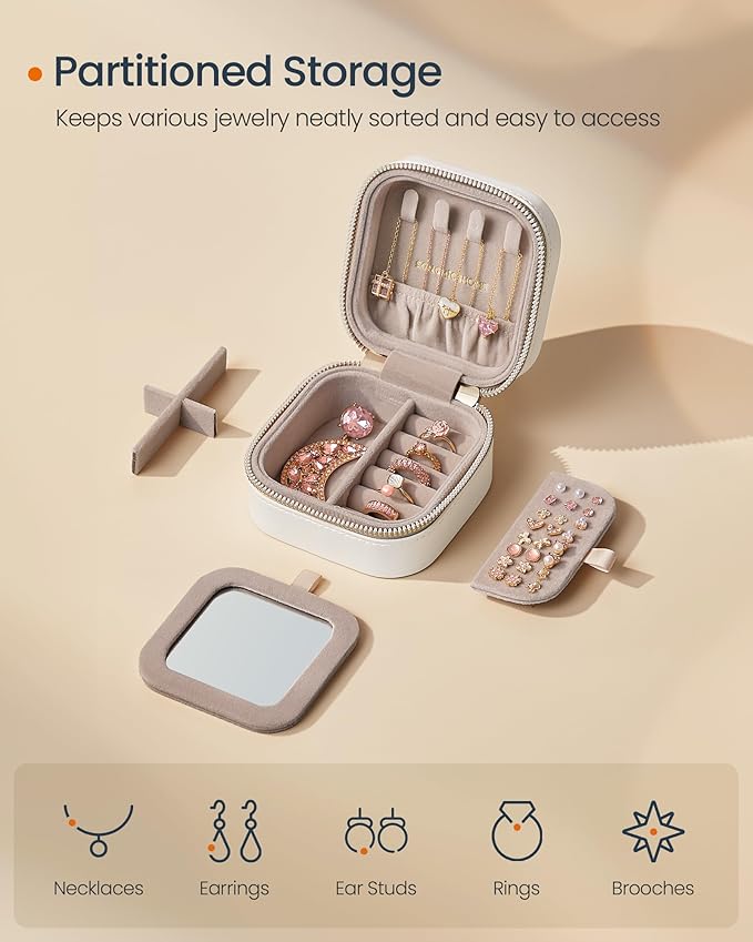 SONGMICS HOME Travel Jewelry Case, Small Jewelry Box Organizer with Mirror, 4.1 x 4.1 x 2.4 Inches, Stitching, Portable, Gift Idea, Cloud White UJBC179W01