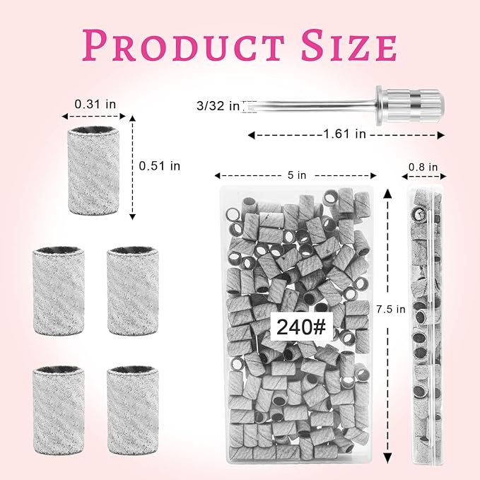 100Pcs Nail Sanding Bands for Nail Drill 240Grit, Fine Grit Nail Sanding Bands for Nail Drill with 3/32Ã¢ÂÂ Nail Sanding Bit for Natural Nail, Nail Drill Sanding Bands Set for Manicure & Pedicure