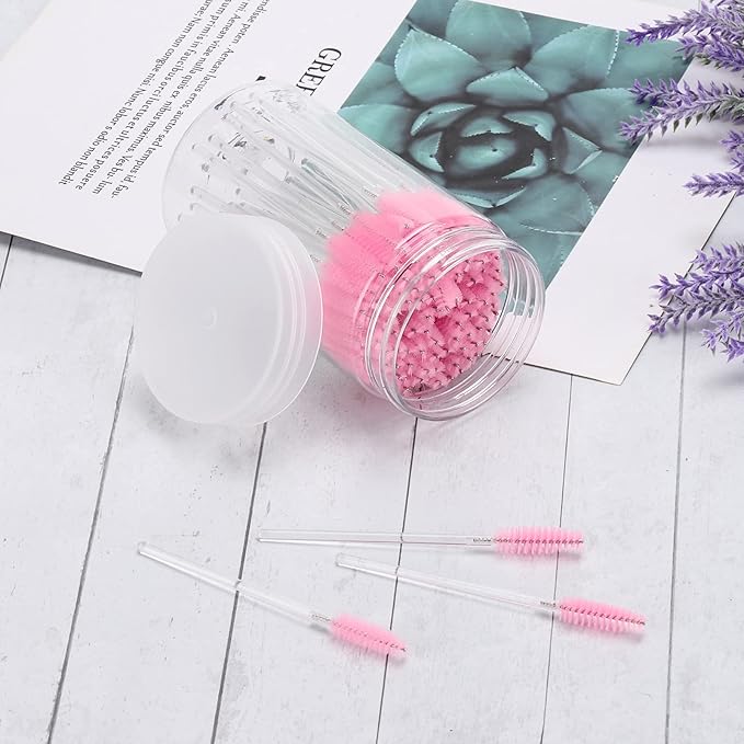 100 Pcs Disposable Mascara Wands, Crystal Eyebrow Spoolies Brush for Eyelash Extensions, Makeup Applicators Kits Eyelash Brush with Container (Pink)