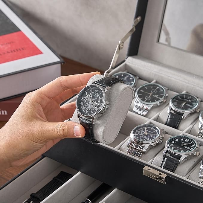 ProCase Watch Box, 14 Slot Mens Watch Case With Drawer, 2-Layer Watch Display Case With Glass Lid, Mens Jewelry Box Storage Holder Organizer, Birthday Valentine Gifts for Men -14Slot, Black