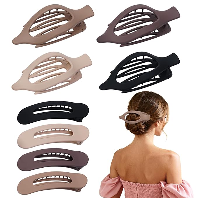 8 Pack Flat Hair Clips for Women – Matte Neutral Claw Clips & Flat Hair Pins Barrettes Set in Black, Blonde,Light Brown & Dark Brown for Thick & Thin Hair