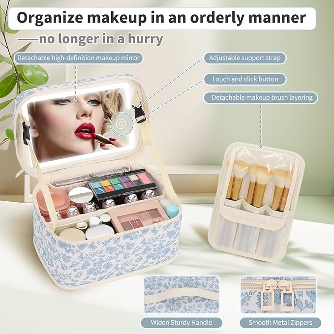 OCHEAL Makeup Bag With LED Mirror, Travel Makeup Bag With 3 Color Setting Light Up Mirror Cosmetic Organizer Vanity Case for Women Beauty Tools Accessories Rechargeable Makeup Travel Bag-Black