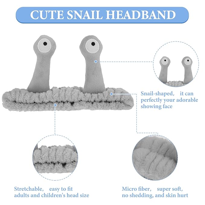 Snail Headband for Face Washing, Spa Makeup, Sports - Cute Coral Fleece Elastic Headband with Creative Hair Accessories