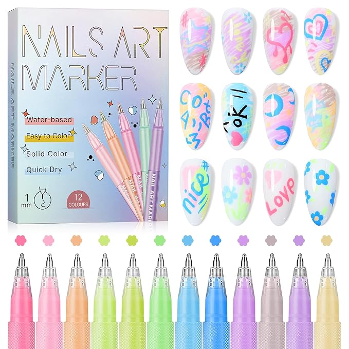 SAVILAND Nail Art Pens Set: 12 Colors Quick-Drying Ballpoint 3D Nail Polish Pens Paint Markers for Nail Art Painting, Dotting, Liner & Detailing Design, Beginner-Friendly DIY Manicure Tools Kit