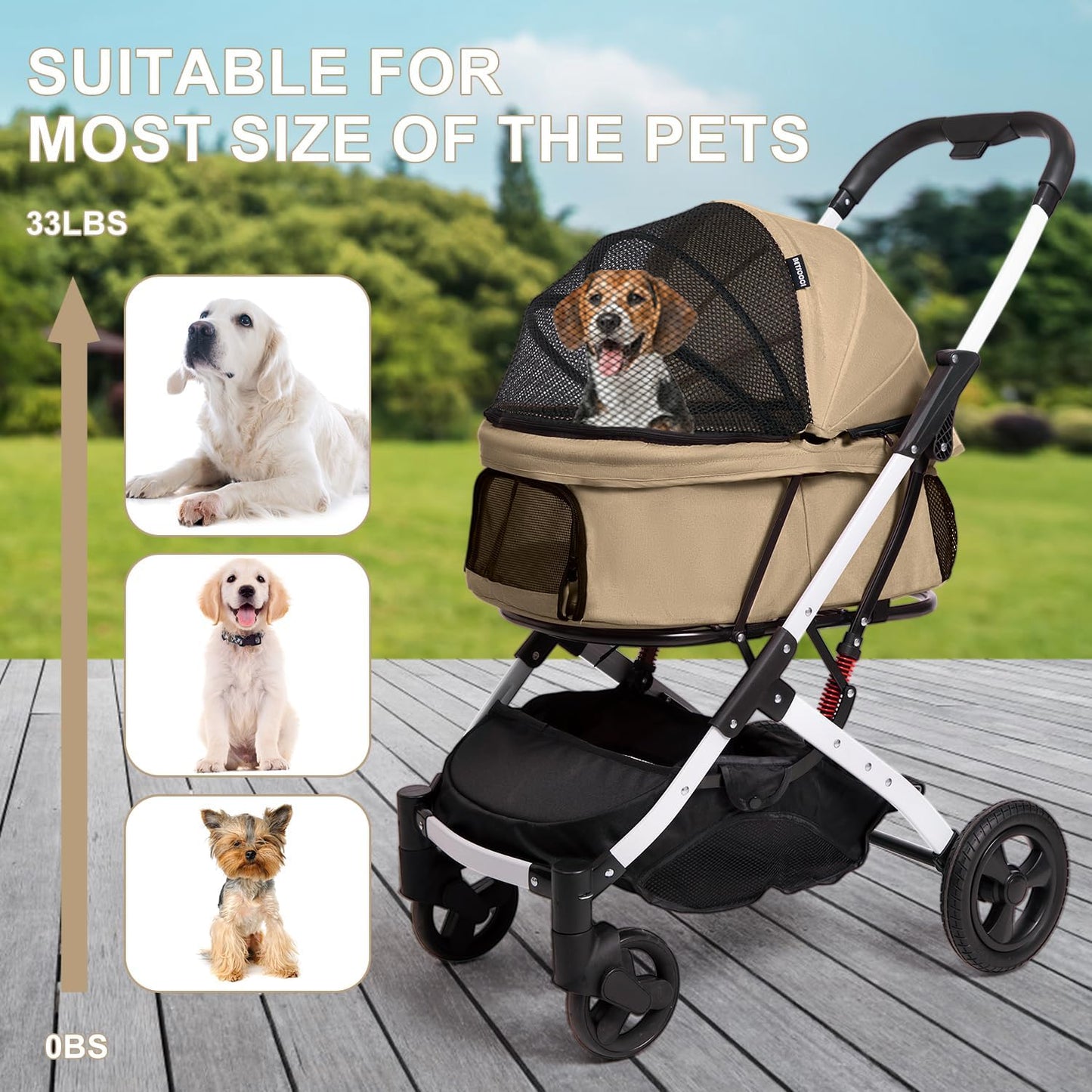 BETSOCCI Pet Stroller for Medium Small Dog & Cat, Foldable Lightweight Dog Stroller with Storage Basket Pet Travel Carriage with Safety Leashes, 4 Wheel, Khaki