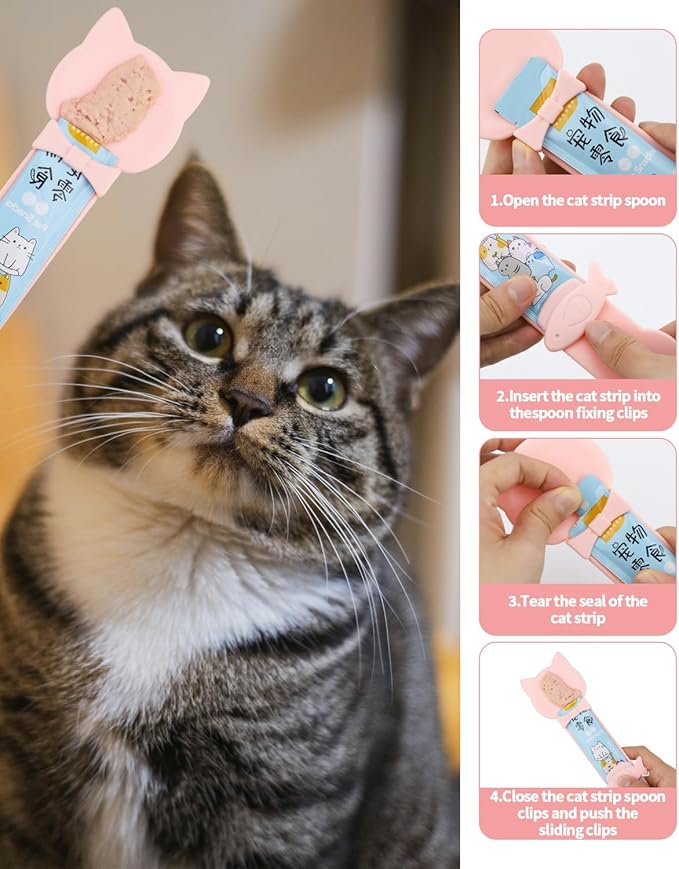 5 PCS Cat Food Can Covers Lids Set, Silicone Pet Food Can Lids with Multi-Function Cat Food Spoon and Opener, Cat Bar Squeezer, Stainless Steel Wet Food Spoon for Cats and Dogs (Pink)