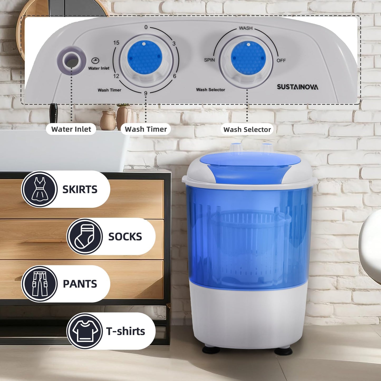 Elevon Mini Spin Dryer Portable Washing Machine, Compact Laundry for Home, Apartment, RV, Blue