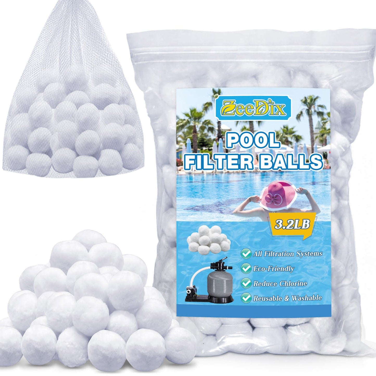 ZeeDix 3.2 lbs Pool Filter Balls for Sand Filter Pump, New Upgrade Efficient Swimming Pool Filter Sand Alternative(Equals 100 lbs Pool Filter Sand), Reusable Eco-Friendly Fiber Filter Media Balls