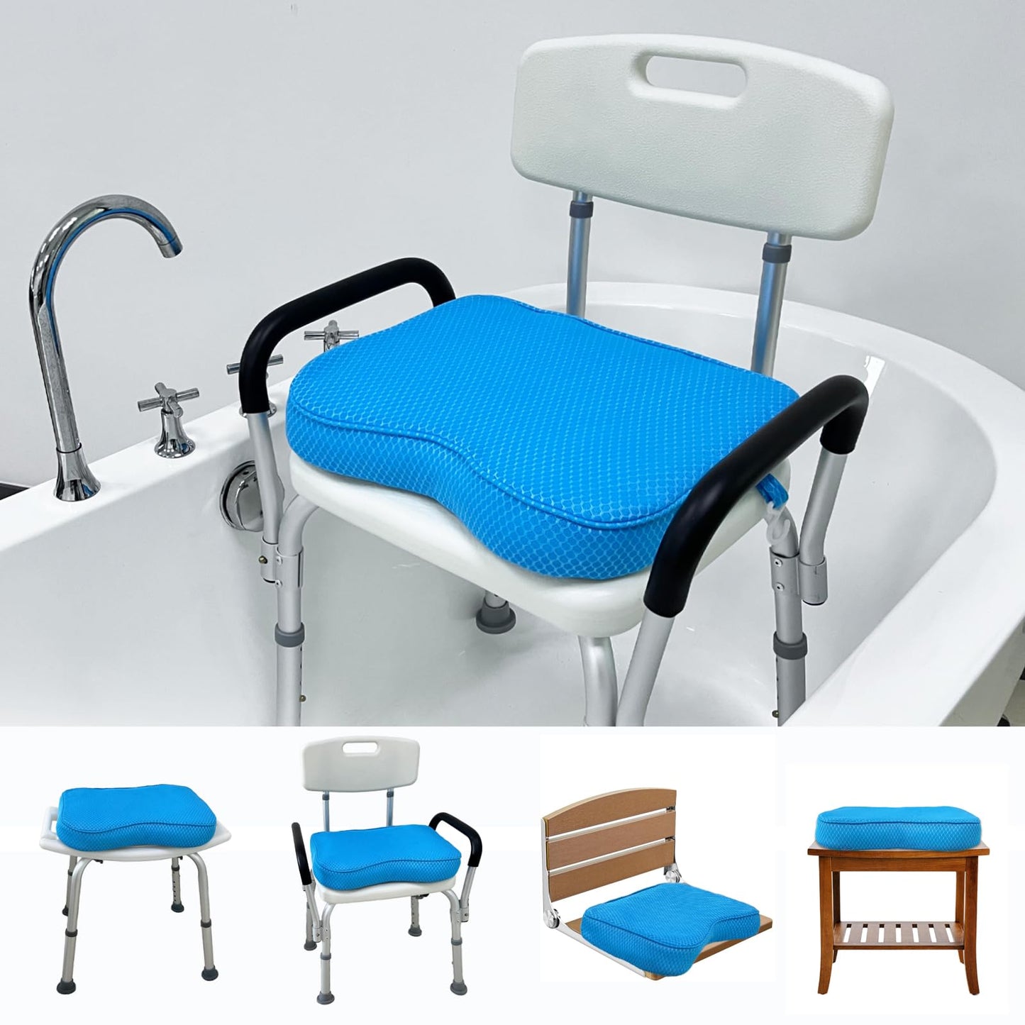 Esme L&H Shower Seat Cushion, Shower Chair Cushion for Transfer Benches, 4D Mesh Fabric Sauna Cushion Shower Chair Pad with Hook, Slip-Resistant, Design for Elderly, Senior, Handicap & Disabled