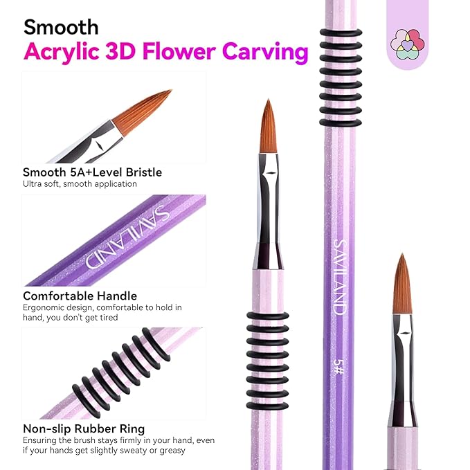 SAVILAND 3D Acrylic Nail Art Brush Set: 3Pcs Professional Kolinsky Sculpture Brushes Sizes 2/4/5 Purple-Pink Gradient Non-Slip Grip Handle for Acrylic Application 3D Flower Designs Home DIY