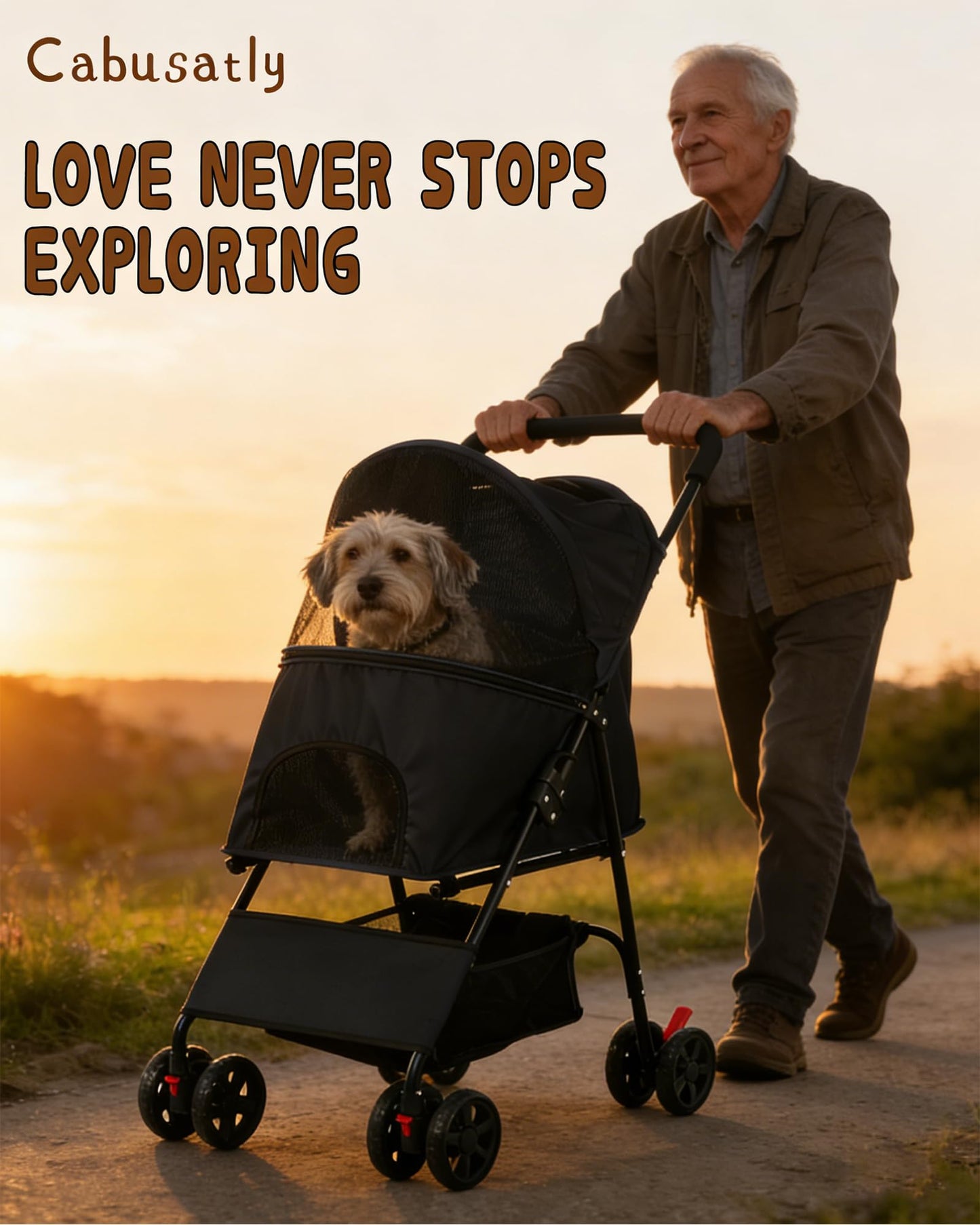Pet Stroller for Small Medium Dogs Cats - Lightweight 10lbs Foldable Dog Stroller, Breathable Mesh & Safety Tether, 33lbs Capacity with Locking Wheels, Storage Basket for Outdoor Walks-Black