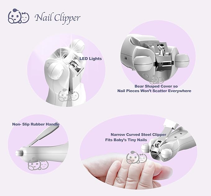 Royal Angels Rechargeable Dual Sided 20 in 1 Baby Nail Trimmer & Clipper, 15 Filing Pads, Whisper Quiet Electric File with LED Lights for Newborns & Toddlers, Safe Manicure Set for Families (Snow)