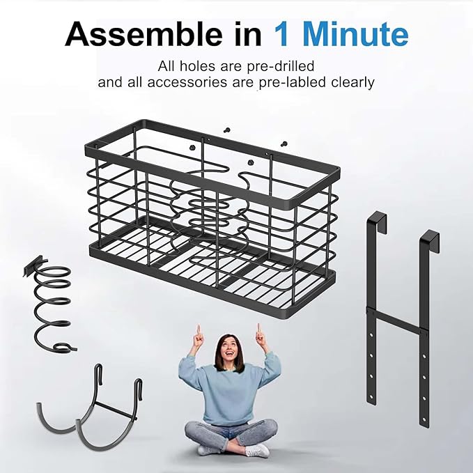 Sevenblue Hair Tool Organizer, 3-in-1 Universal Hair Dryer Holder, Adjustable Height Metal Blow Dryer Holder Wall Mounted/Over Cabinet Door/Free-Standing, 12.2 * 5 * 6.1" (XL Black)