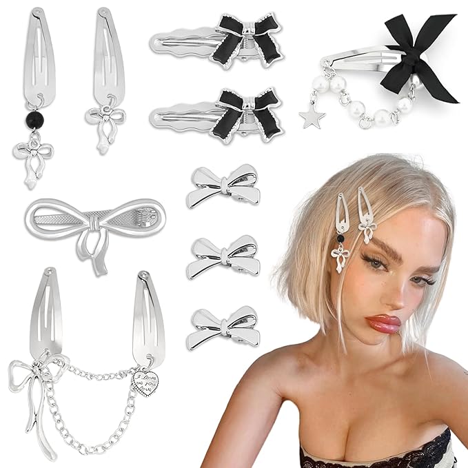 10PCS Silver Hair Clips Black Bow Hair Clips Alloy Y2K Hair Accessories Coquette Hair Bows for Women Girls