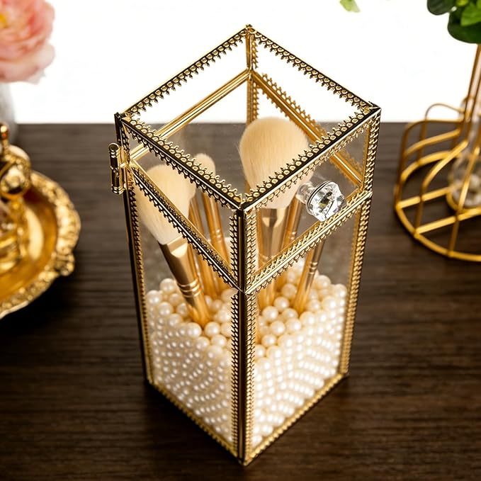 Makeup Brush Holder Organizer with Lid, Glass Cosmetic Make Up Brushes Container, Clear Makeup Tool Storage Box Cup with Pearls, Vintage Dustproof Vanity Decor for Countertop Desktop