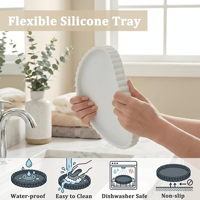 Silicone Bathroom Vanity Tray, Modern Round Decorative Tray for Countertop, Waterproof & Unbreakable Cosmetic Perfume Organizer, Extra-Thick & Sturdy, Easy to Clean Candle Tray (9 inch, White)
