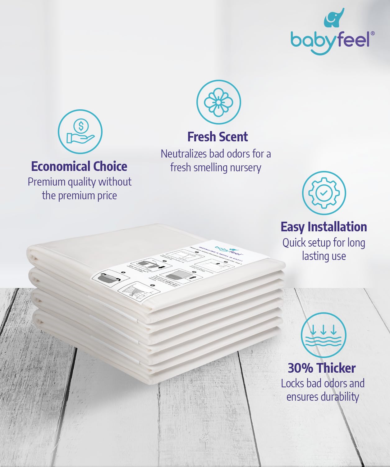 Babyfeel Refills Compatible with DEKOR CLASSIC Diaper Pails | 4 Pack | Exclusive 30% Extra Thickness | Diaper Pail Refills with Powerful Odor Elimination | Powder Scent | Holds up to 1980 Diapers