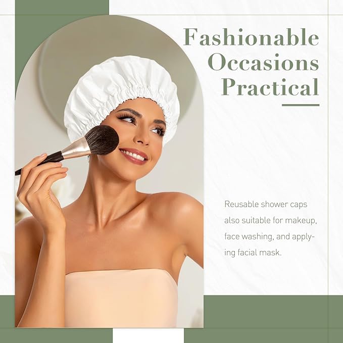 Reusable Shower Cap for Women, Large Waterproof Shower Bonnet with Elastic Band, Washable Bath Hair Cap for Long, Curly Hair, Braids, Daily Shower, Home Spa, Travel(White)