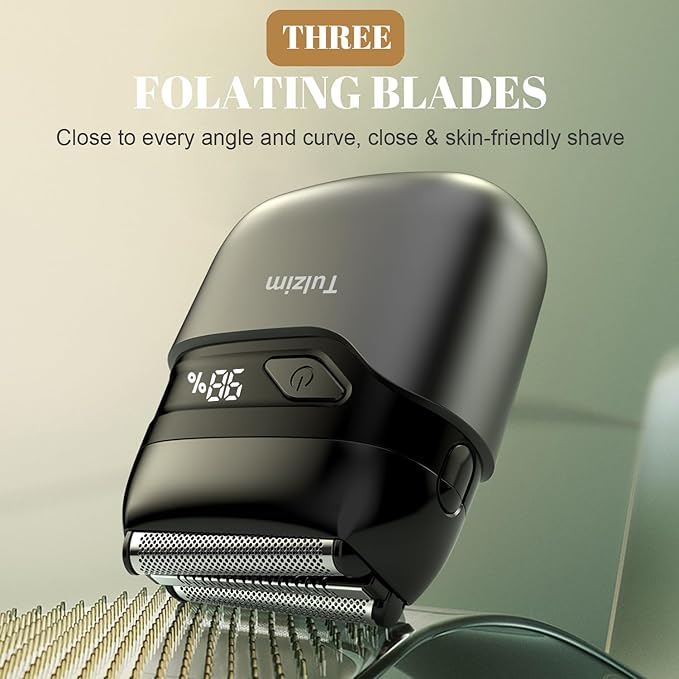Tulzim Electric Foil Shaver for Men: Cordless Electric Razor for Face & Beard - 3 Floating Blades, 100-Min Runtime, USB-C Fast Charge, IPX7 Waterproof for Travel,Carbon Black