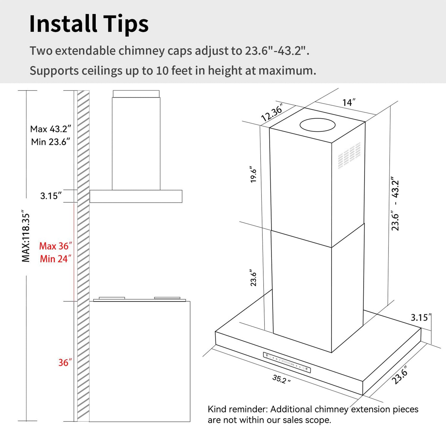 IKTCH Upgrated 36 inch Island Mount Range Hood, 900 CFM Ducted Range Hood with 4 Speed Fan, Stainless Steel with Gesture Sensing & Touch Control Making life Smarter IKIS02-36