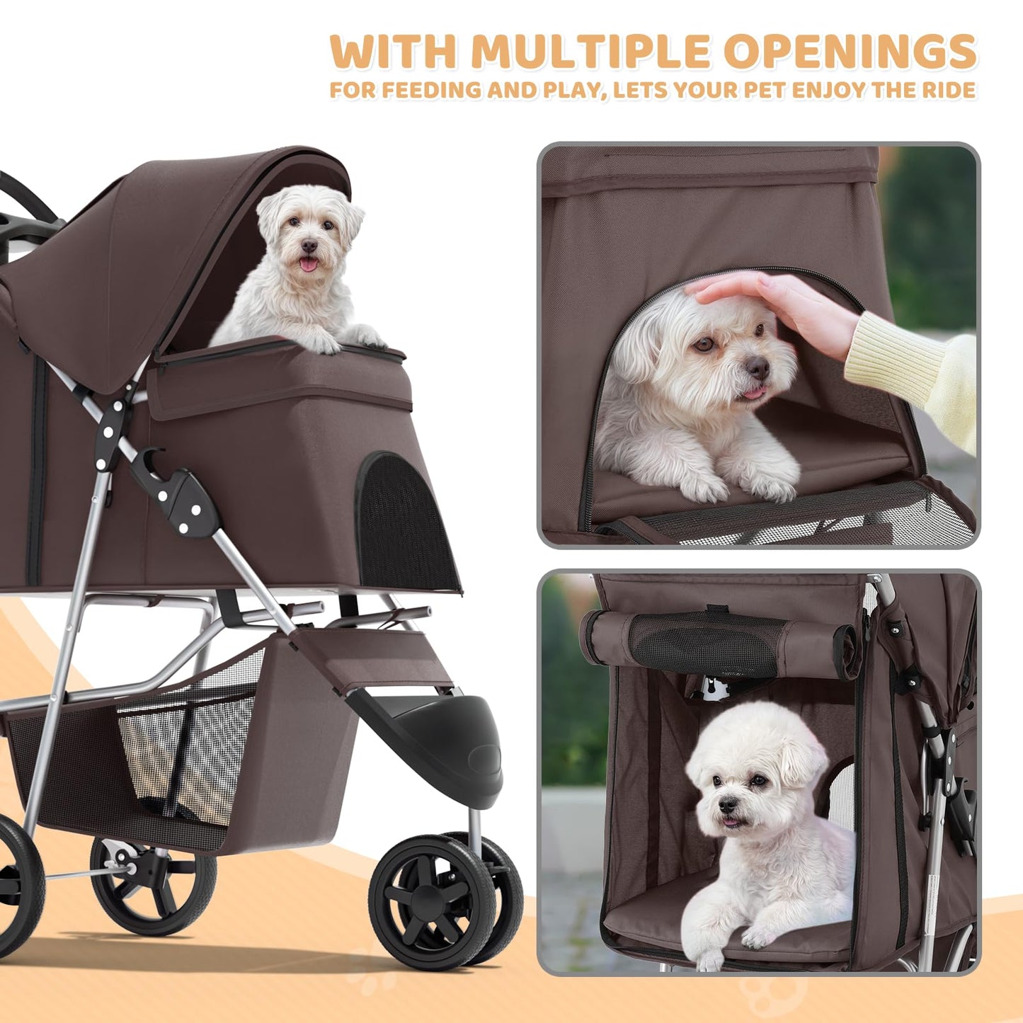 Magshion 3-Wheel Pet Stroller, Foldable Travel Jogger for Small & Medium Dogs & Cats (Up to 33lbs), Lightweight Carrier with Breathable Mesh Cover, Cup Holder & Storage Basket, Coffee