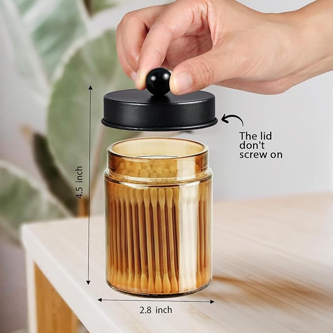 Amolliar Bronze Glass Apothecary Jar, Qtip Holder Metal Lid & Stickers, Bathroom Qtip Dispenser Storage Canister, Perfect for Cotton Balls, Cotton Swabs, Makeup Pads, Bath Salt, Floss, 4 Pack (Black)