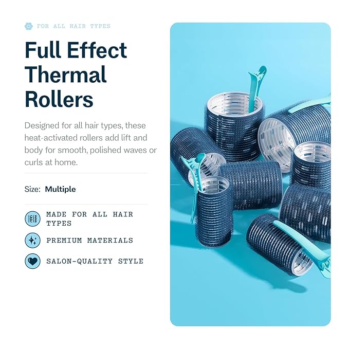 Gimme Beauty Full Effect Thermal Rollers - Hair Rollers for Salon-Style Blow-Outs - Gentle & Secure Hold for All-Day Styling - 3 Sizes for Bouncy Curls or Natural Waves - All Hair Types, 12 Count