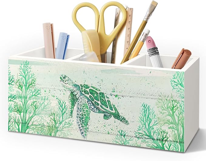 Sea Turtle Coastal Pen Holder for Home Office Desk, Beach Office Decor, Beach Turtle Makeup Brush Toothbrush Holder Organizer for Bathroom Desk Accessories(Green)