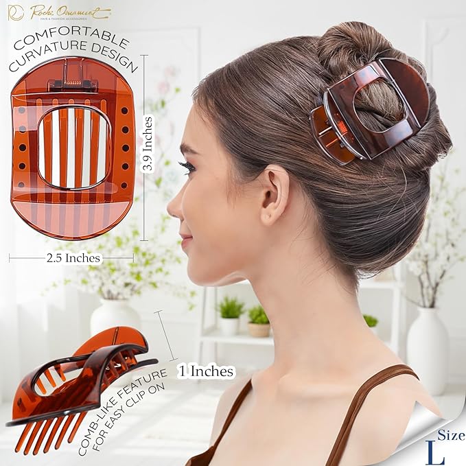 RC ROCHE 6 Pcs Flat Claw Hair Clips for Women Thick Hair French Round Duckbill Square Secure Strong Hold Grip Clamps Barrettes Curved No Slip No Crease Styling Cute Extra Jumbo XL, Large Brown