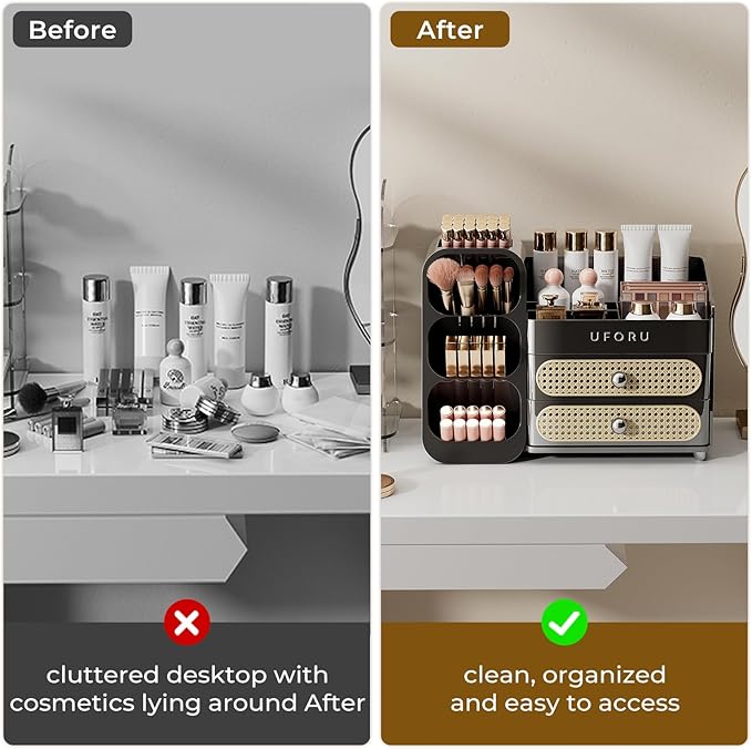 Makeup Organizer for Vanity with Brush Holder, Countertop Skincare Organizer with 2 Drawers, Spacious Cosmetic Display Case for Perfumes, Eyeshadow Palettes, Nail Polishes, Black