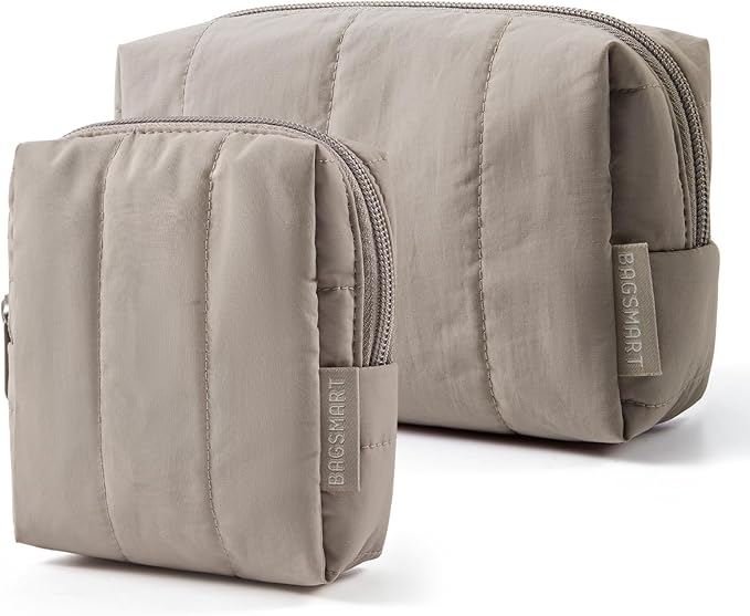 BAGSMART Makeup Bag Duo Set, Puffy Padded Travel Cosmetic Organizer with Slip-in Pockets, Large Toiletry Bag & Small Purse Pouch, Travel Essentials for Women, Greige