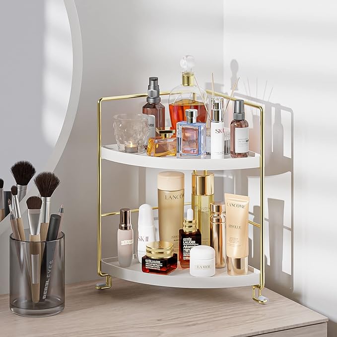 2-Tier Bathroom Corner Counter Organizer, Makeup Storage Shelf Vanity Tray, Bathroom Sink Countertop Organizer, Gold