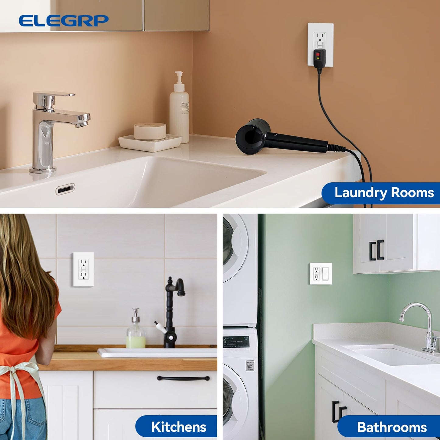 ELEGRP GFCI Outlet 15 Amp, Self-Test GFI Electrical Outlet with Thinner Design, TR Tamper Resistant GFCI Receptacle, Ground Fault Circuit Interrupters with Wall Plate, UL Listed, Matte White, 2 Pack
