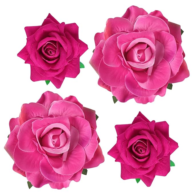 Rose Hair Clip Flower Hairpin Brooch Floral Clips, 4 Pcs Fabric Rose Flowers Hair Clips Mexican Hair Flowers Pin up Headpieces for Woman Girl Wedding Party Mother's Day (Hot Pink)