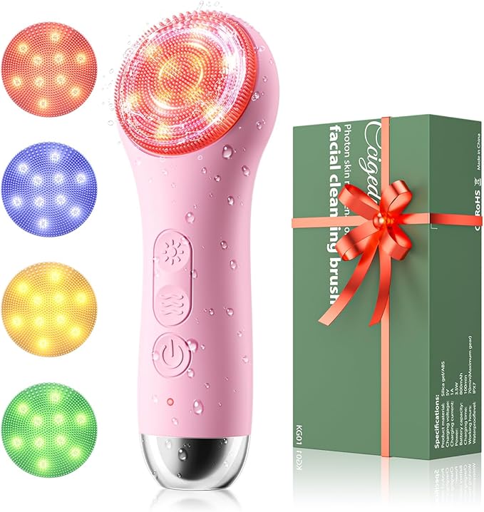 Face Scrubber Facial Cleansing Brush - Waterproof and Rechargeable Face Cleansing Brush with 4 LED Gentle Light, Cleansing, Exfoliating and Massaging, Electric Face Scrub Brush for Men & Women