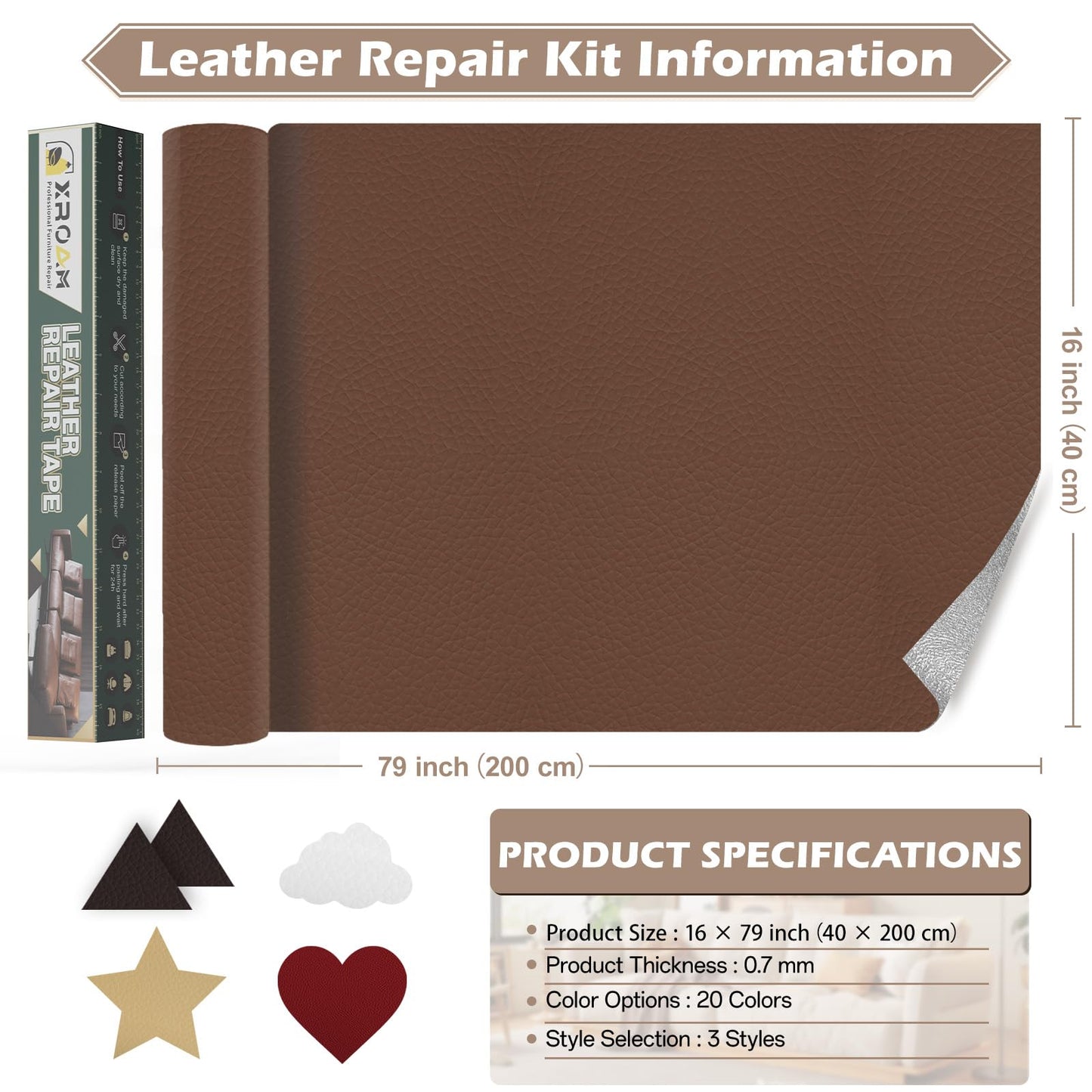 Xroam Leather Repair Tape, 16x79 inch Leather Patches for Furniture, Self Adhesive Leather Repair Patch for Sofas, Couches, Leather Covers, Seats, Chairs, Vinyl Repair Tape Retro Dark Brown