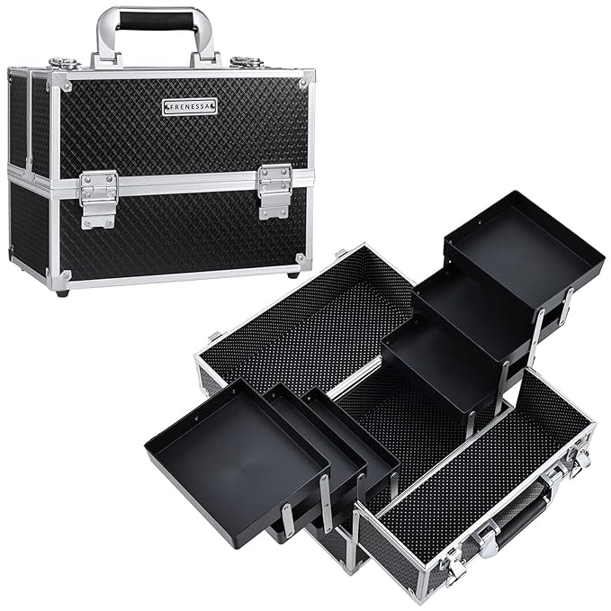 FRENESSA Makeup Train Case Makeup Case 11.8 Inch Large Cosmetic Box Organizer Travel Storage Professional Make Up Train Carrying Case with 6 Trays Locking Hard Vanity Storage Black