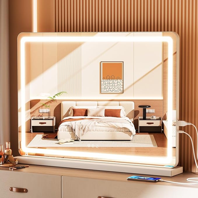 DUMOS 22"x32" LED Vanity Mirror with Lights, Dimmable 3 Color Modes Makeup Mirror with Memory Function, USB Charging, Aluminum Frame, Lighted Mirror for Desk or Bedroom