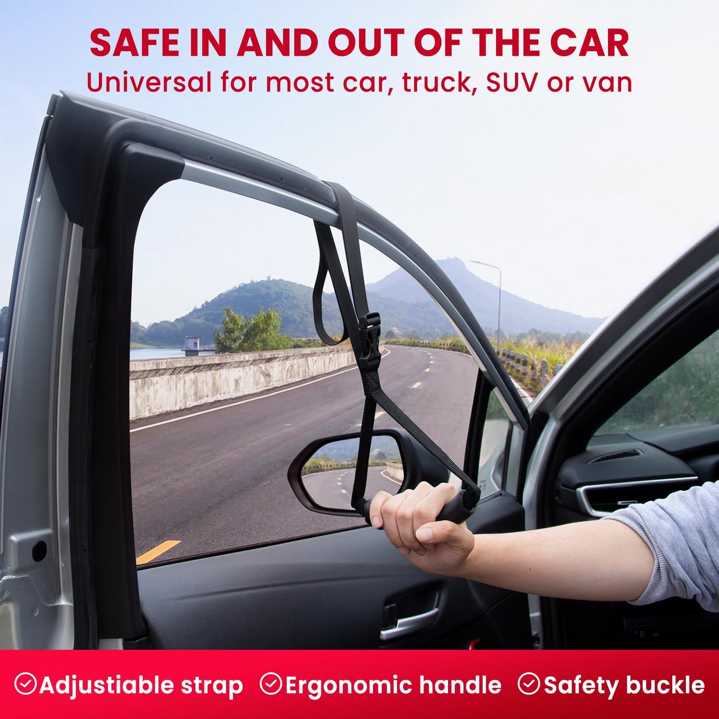KOUNATSURI Car Handle Assist for Elderly Car Door Handle Multifunction Handle Car Door Latch Handle for Seniors and Handicapped(Red, Handle with Two Straps)