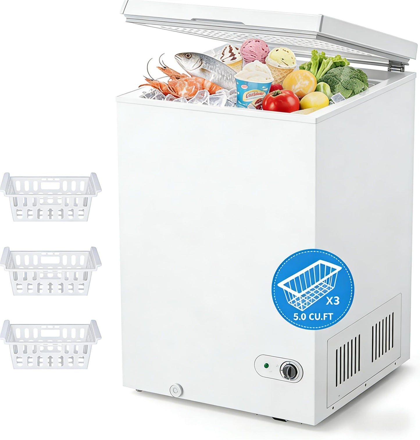 Cowsar 5.0 Cu.Ft Deep Freezer with 3 Basket, Quiet Chest Freezer Adjustable 7 Thermostat, Compact Freezer Free-Standing Top Door, Energy Saving for Apartment/Garage/Basement/Dorm/Home,White
