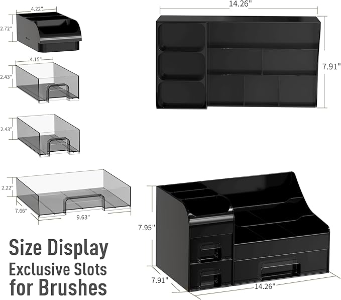 Makeup Organizer with Drawers,Large Cosmetic Storage Box,Countertop Skincare Organizer,ABS Makeup Brush Holder for Bathroom,Desk,Dresser,Multifunctional Beauty Display Case,Black transparent