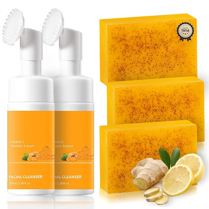 Turmeric Wash and Care Kit – Turmeric Face Wash with Brush, Exfoliating Facial Pads, Cleansing Soap Bars and Oil – Jabon de Curcuma, Natural Skincare for Face & Body (2PC Set, Count, 2)
