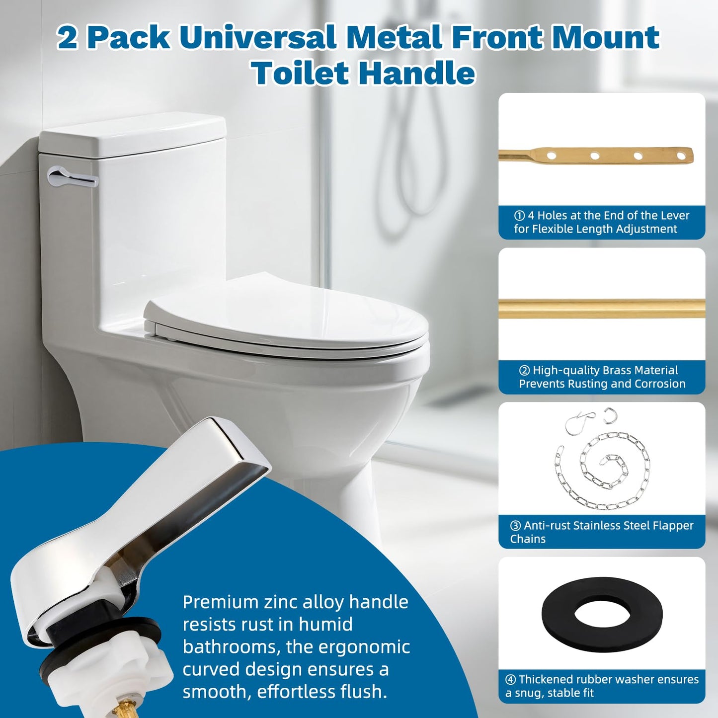 Hibbent 2 Pack Universal Metal Side Mount Toilet Handle with Stainless Steel Flapper Chains, Brass Toilet Flush Lever Replacement Kit with 4 Adjustable Holes for Most Side-Mount Toilets, Chrome Finish
