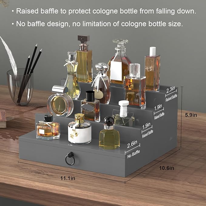 upcessory Cologne Organizer for Men, 4 Tier Black Wood Perfume Organizer with Felt Lining Drawer and Hidden Compartment, Perfume Display Holder, A Gift for Men