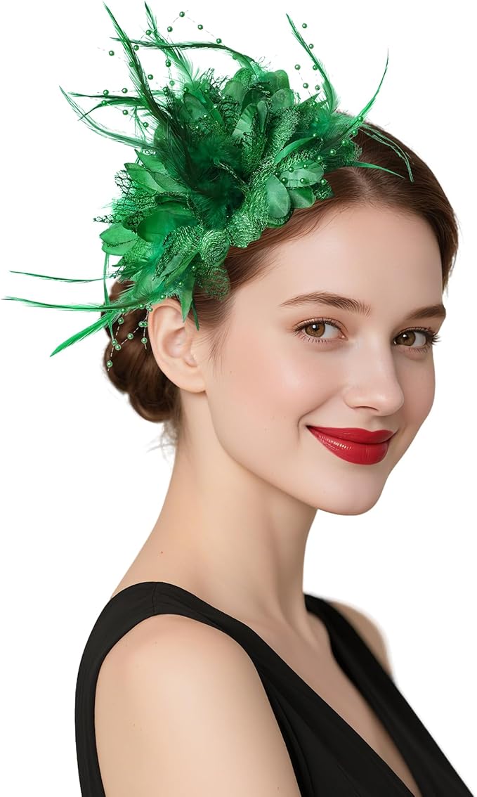 Womens Fascinators Hats Tea Party Hats for Women, Feather Pearl Veil Headband for Wedding Cocktail Dresses Accessories