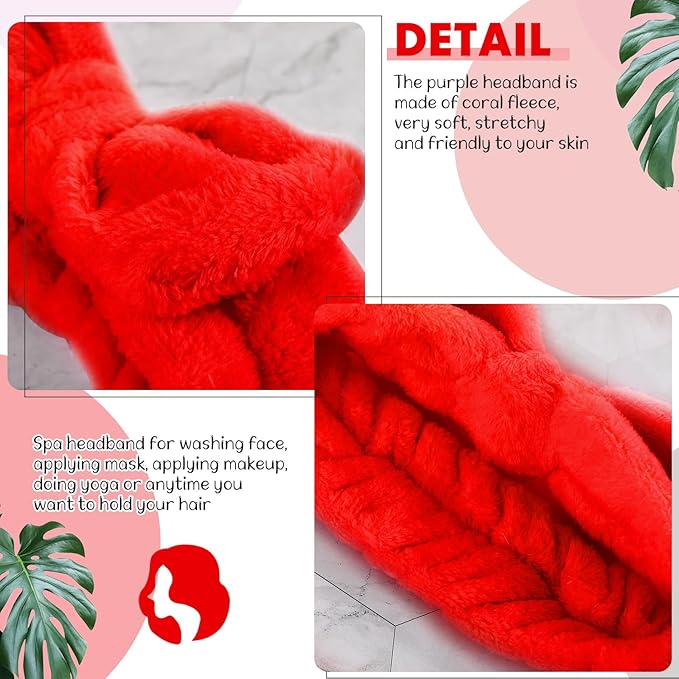 Hanaive 3 Pcs Face Wash Headband and Wristband Set Bow Spa Headbands Face Wash Arm Cuffs for Women Makeup Skincare Bath Headbands Wrist Bands for Washing Sleepover Party Supplies(Red)