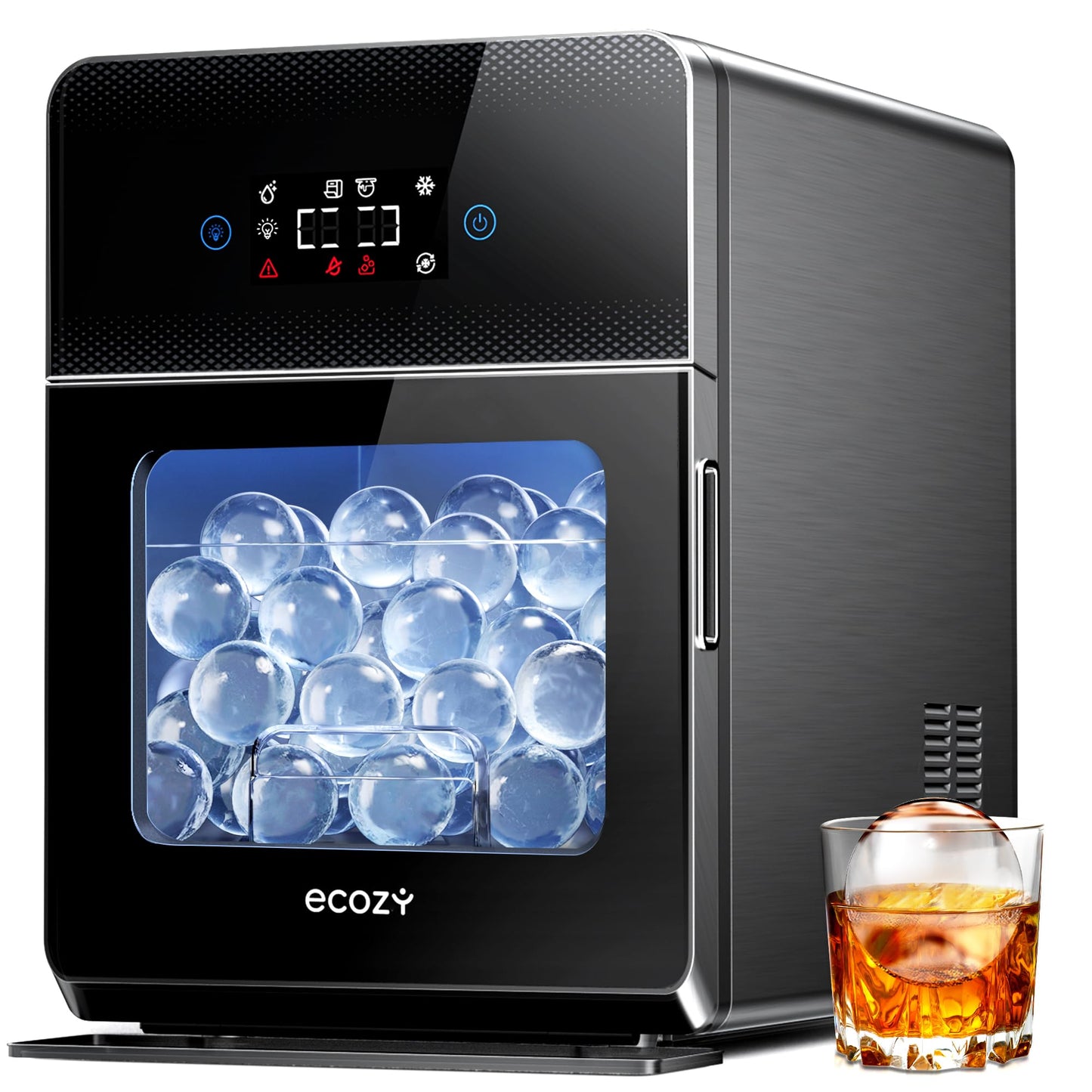 ecozy 2" Clear Ice Ball Maker Countertop with CrystalFlux Technology, 4 pcs in 40 Mins, 144 pcs/Day, Sphere Ice Maker with Enhanced Insulation, Automatic Water Supply, Self-Cleaning for Whiskey Bar