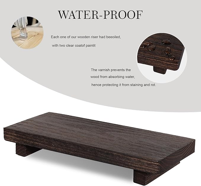 zoocatia Small Wood Tray Pedestal Stand Farmhouse Bathroom Decor Decorative Wooden Riser Kitchen Soap Dish Holder for Vanity, Counter, Sink, 10" x 4.5" - Drak Brown