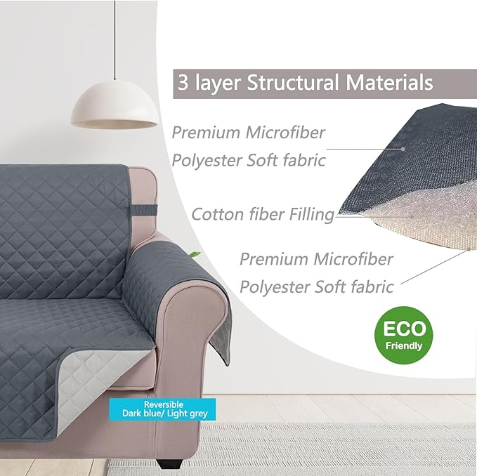 U-NICE HOME Reversible Sofa Cover Couch Cover for Dogs with Elastic Straps Water Resistant Furniture Protector for Pets Couch Cover for 3 Cushion Couch (Sofa, Dark Blue/Light Grey)