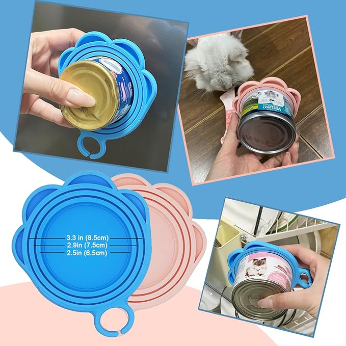 SIANE Cat Food Can Spoons & Can Lids | 4 Pcs | Colorful Multi-Function Opener | Universal Soft Silicone Pet Food Covers | Wet Food Spatula for Kittens and Dogs(Pink+Blue)